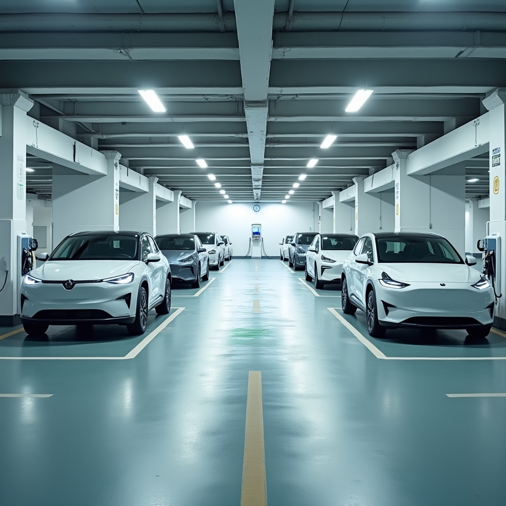 Commercial parking facility with multiple EV charging stations and clear signage in a modern Portuguese car park