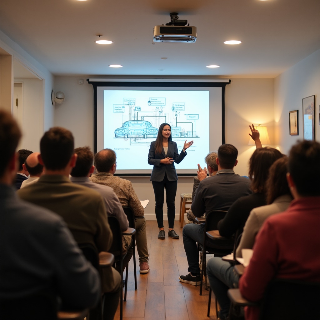 Condominium assembly meeting with residents voting on infrastructure proposal in a modern meeting room