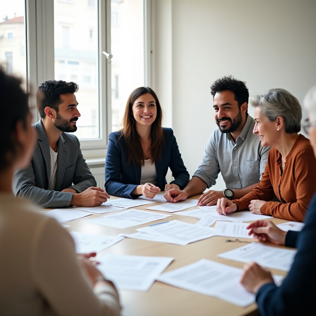 Building administrators and residents discussing EV charging installation at a condominium assembly meeting