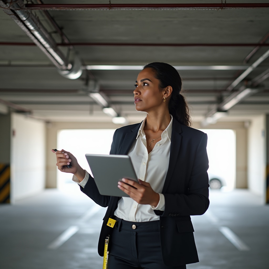 EV infrastructure consultant conducting a site visit in a Portuguese condominium parking garage