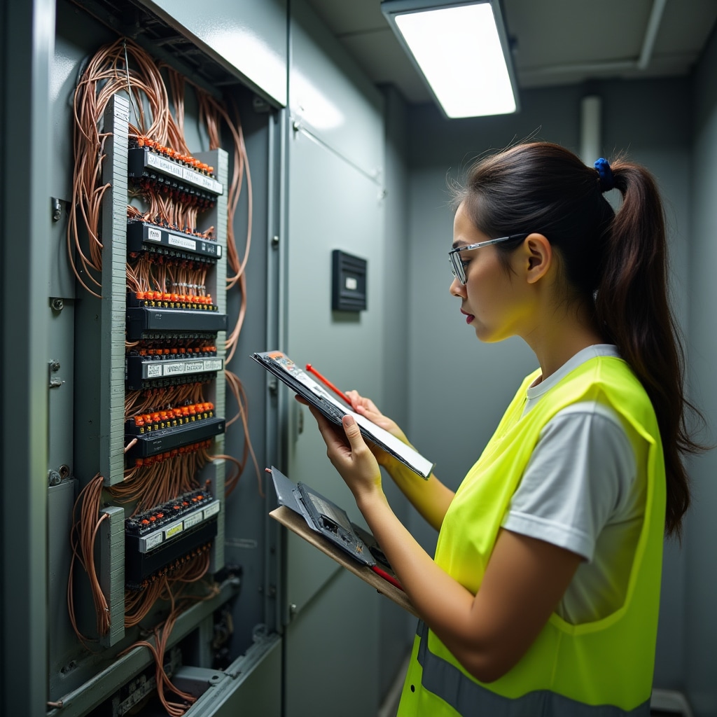 Electrical engineer examining main distribution panel in a Portuguese condominium building