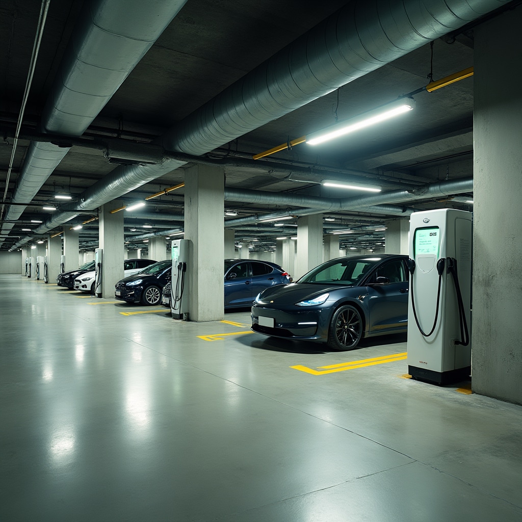 Electric vehicle charging infrastructure in a modern Portuguese parking garage