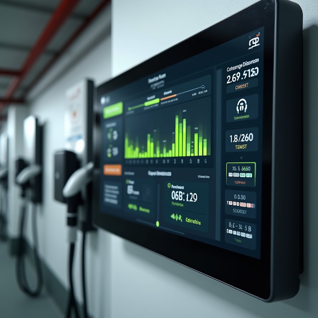 Smart load management system display showing real-time EV charging distribution across multiple parking spaces