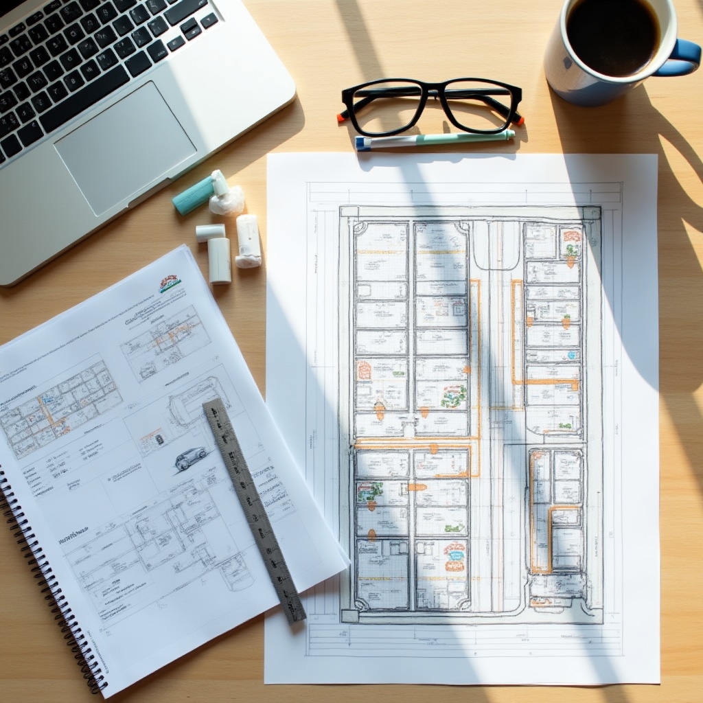 EV charging infrastructure planning documents and technical drawings spread on a consultant's desk