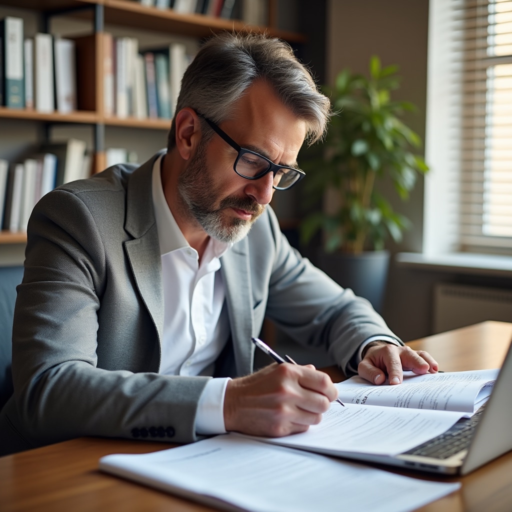 Consultant reviewing Portuguese energy regulatory documents and ERSE guidelines at a desk in Lisbon